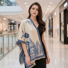 Kaschmirschal 185x65 Damen Asian Stil blau weiss B26