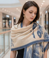 Kaschmirschal 185x65 Damen Asian Stil blau weiss B26