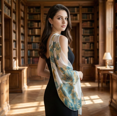 180x90 Seidenschal weiß grün Japanese Stil klassisch Stola G14