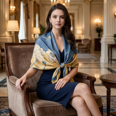 180x90 Seidenschal blau gelb Rosen leicht Stola G24