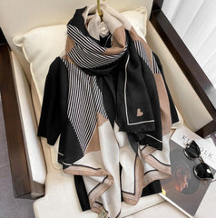 180x90 Viskose Halstuch Schal mit Leinen Beige Schwarz N108