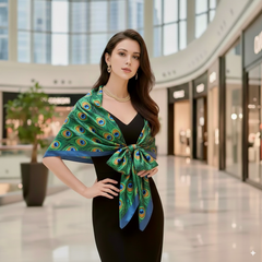 180x90 Seidenschal Grün Blau Pfau Muster N141