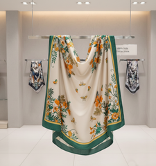 110x110 Seidentuch Seidenschal weiß Blumen Asian Stil klassisch Y5