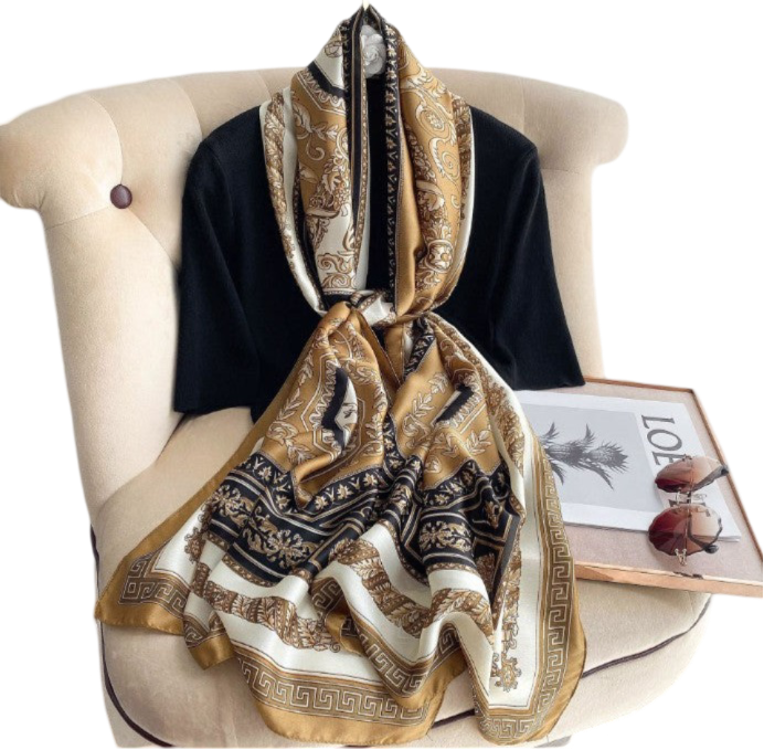 180x90 Silk Scarf Gold Vintage Style Silk Stole Shawl Wrap Foulard N251