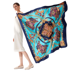 130x130 Silk Scarf Blue Turquoise Vintage Stole Shawl Green Wrap Foulard N135