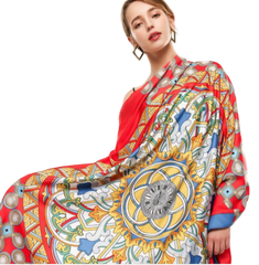 130x130 Silk Scarf Red Art Design Stole Shawl Green Wrap Foulard N139
