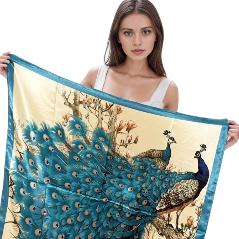 Silk Scarf 90x90 Peacock Turquoise Business stole Shawl Wrap Foulard N233