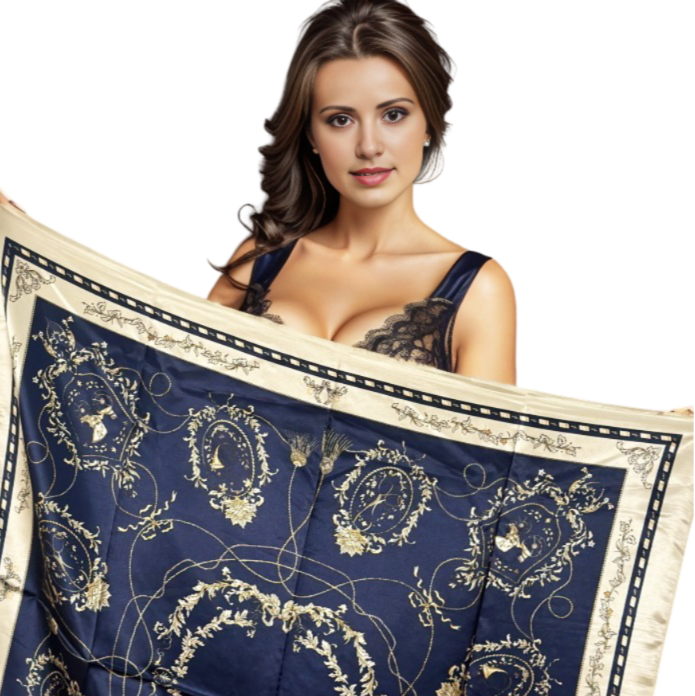 Silk Scarf 90x90 Shawl Vintage Blue Classic Bandana Neck Foulard N4