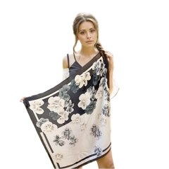 70x70 Silk Scarf black white flowers Classic elegant business Style Silk Stole Foulard N609
