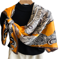90x90 Silk Scarf Art Style Orange White Stole Shawl Foulard N344