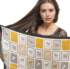 70x70 Silk Scarf horse print white black Silk Stole Vintage Foulard Shawl N612
