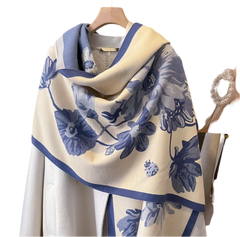 Cashmere Scarf 180x60 flowers beige blue Wool Business Style Shawl Wrap Pashmina S65