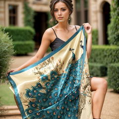 90x90 Silk Scarf peacock beige turquoise Style Stole Style Foulard Shawl N233
