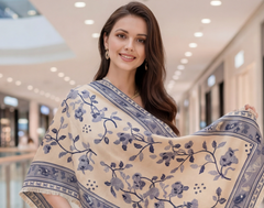 Kaschmirschal 185x65 Damen klassisch Stil blau weiss  B18