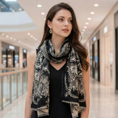 Cashmere Scarf 185x65 Women Classic Black Beige B3