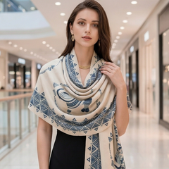 Kaschmirschal 185x65 Damen blau Weiß klassisch Stil B67