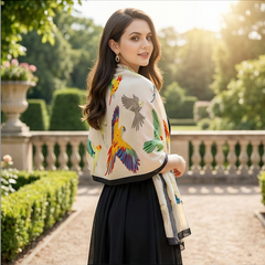 180x90 Seidenschal Creme bunt Vogel G4