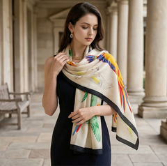 180x90 Seidenschal Creme bunt Vogel G4