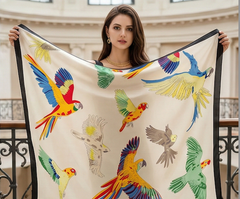 180x90 Seidenschal Creme bunt Vogel G4