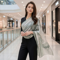 180x90 Seidenschal weiß grau klassisch Asian Stil G50