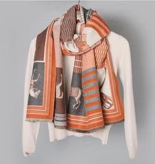 LA FERANI Cashmere Scarf 180x65 Orange Horse Print Wool Shawl Wrap Stole Pashmina N100