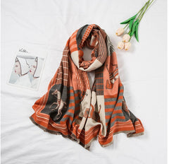 LA FERANI Cashmere Scarf 180x65 Orange Horse Print Wool Shawl Wrap Stole Pashmina N100