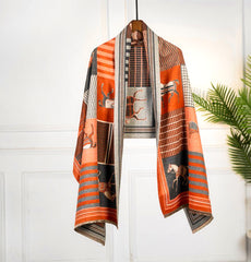LA FERANI Cashmere Scarf 180x65 Orange Horse Print Wool Shawl Wrap Stole Pashmina N100