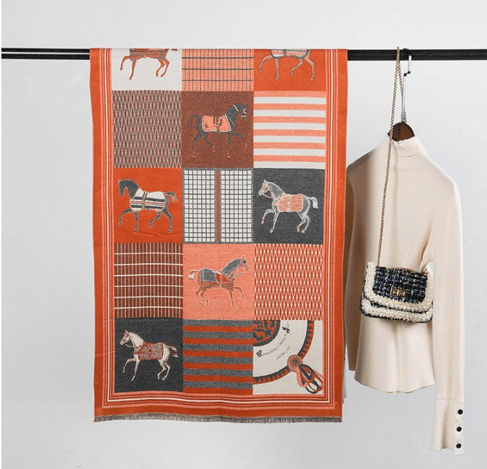 LA FERANI Cashmere Scarf 180x65 Orange Horse Print Wool Shawl Wrap Stole Pashmina N100