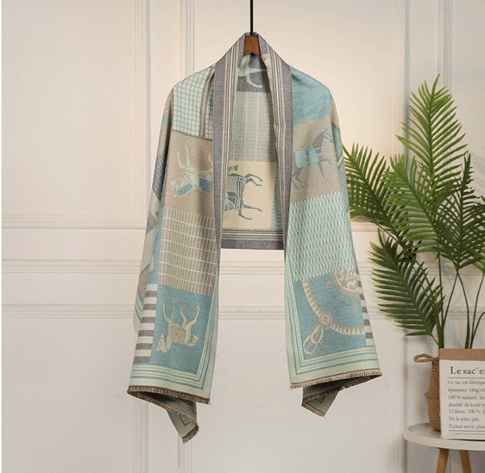 LA FERANI Cashmere Scarf 180x65 Turquoise Horse Print Wool Shawl Wrap Stole Pashmina N100
