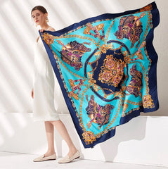 LA FERANI 130x130 Silk Scarf Blue Turquoise Vintage Stole Shawl Green Wrap Foulard N135