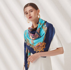 LA FERANI 130x130 Silk Scarf Blue Turquoise Vintage Stole Shawl Green Wrap Foulard N135