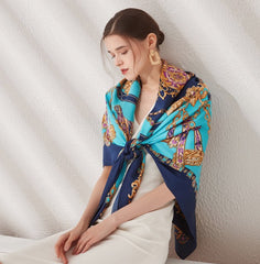 LA FERANI 130x130 Silk Scarf Blue Turquoise Vintage Stole Shawl Green Wrap Foulard N135