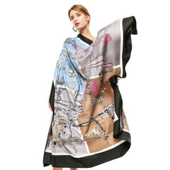 LA FERANI 130x130 Silk Scarf Black Art Design Stole Shawl Green Wrap Foulard N138