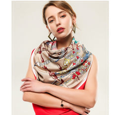 LA FERANI 130x130 Silk Scarf Red Art Design Stole Shawl Green Wrap Foulard N139