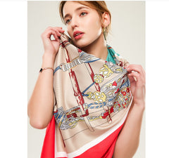 LA FERANI 130x130 Silk Scarf Red Art Design Stole Shawl Green Wrap Foulard N139