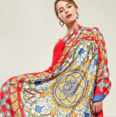 LA FERANI 130x130 Silk Scarf Red Art Design Stole Shawl Green Wrap Foulard N139