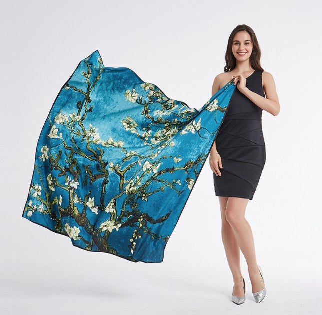 LA FERANI 130x130 Silk Scarf Blue Turquoise Big Stole Shawl Green Wrap Foulard N140