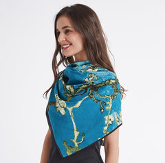 LA FERANI 130x130 Silk Scarf Blue Turquoise Big Stole Shawl Green Wrap Foulard N140