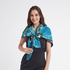 LA FERANI 130x130 Silk Scarf Blue Turquoise Big Stole Shawl Green Wrap Foulard N140