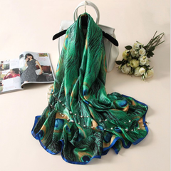LA FERANI 180x90 Silk Scarf Peacock Stole Shawl Green Wrap Foulard N141