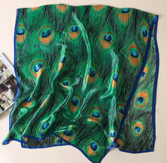LA FERANI 180x90 Silk Scarf Peacock Stole Shawl Green Wrap Foulard N141