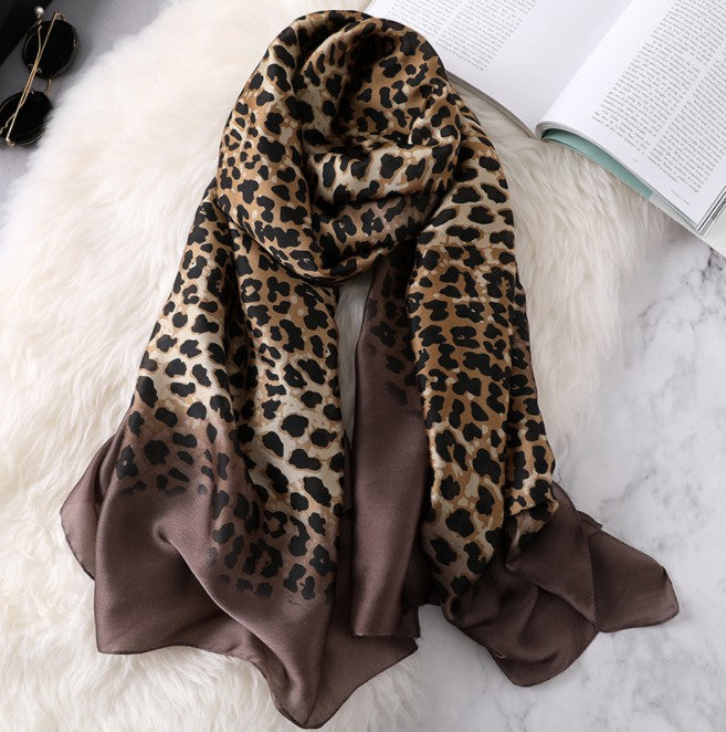 LA FERANI 180x90 Silk Scarf Leopard Brown Black Silk Shawl Stole Wrap Foulard N144