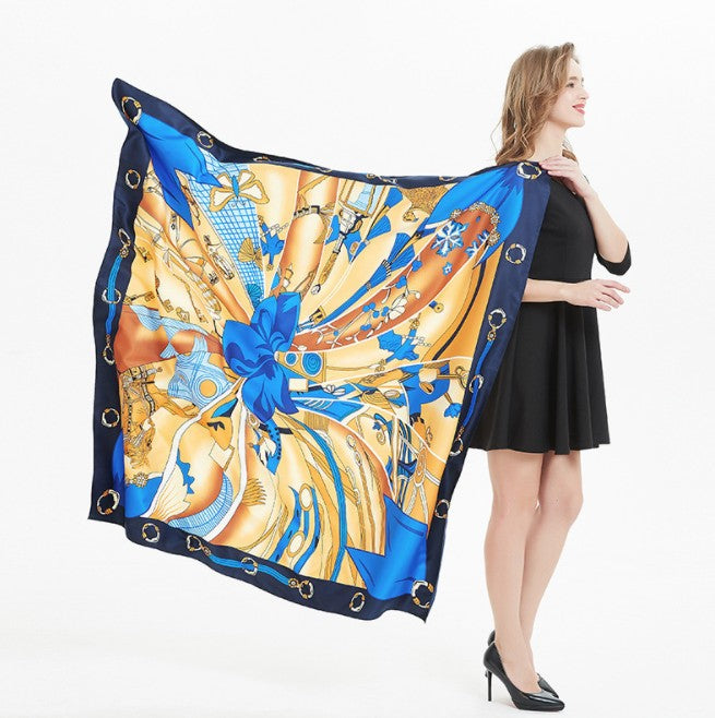 LA FERANI 130x130 Silk Scarf Blue Yellow Art Design Silk Shawl Stole Wrap Foulard N145