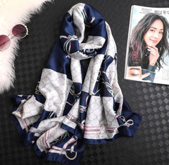 LA FERANI 180x90 Silk Scarf Blue White Silk Shawl Stole Wrap Foulard N147