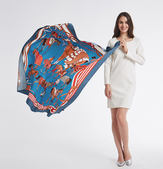 Silk Scarf black horse print 130x130 Stole Foulard N16