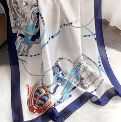 LA FERANI 180x90 Silk Scarf White Blue Marine Cruise Shawl Wrap Silk Stole Foulard N169