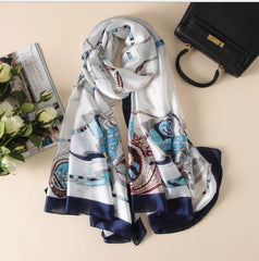 LA FERANI 180x90 Silk Scarf White Blue Marine Cruise Shawl Wrap Silk Stole Foulard N169