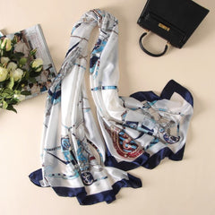 LA FERANI 180x90 Silk Scarf White Blue Marine Cruise Shawl Wrap Silk Stole Foulard N169