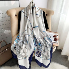 LA FERANI 180x90 Silk Scarf White Blue Marine Cruise Shawl Wrap Silk Stole Foulard N169