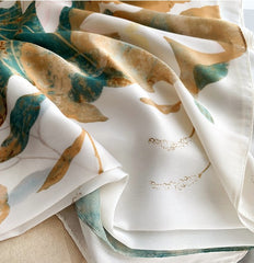 LA FERANI 180x90 Silk Scarf White Orchids Green Shawl Wrap Silk Stole Foulard N170